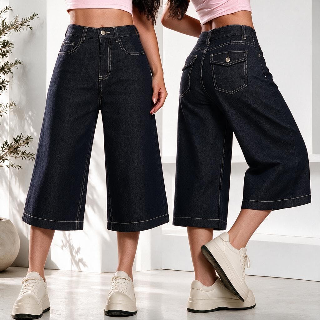 Calça Culotte Jeans Escuro Feminina Cintura Alta Perna Larga Costura Contraste Estilo Retro Streetwear Casual
