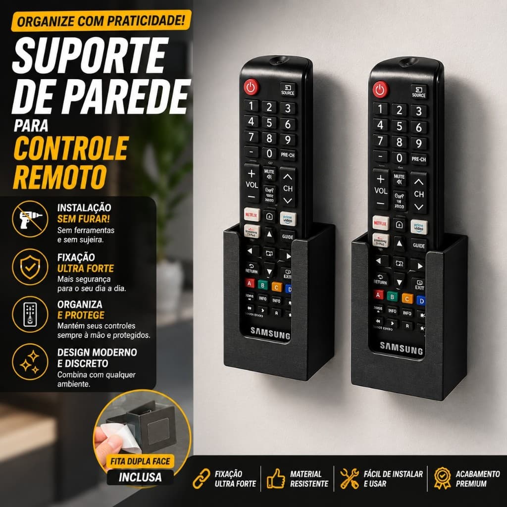 KIT 2 Suporte De Parede Porta Controle Remoto Universal Ar Tv Ventilador Casa Quarto Sala Organizar