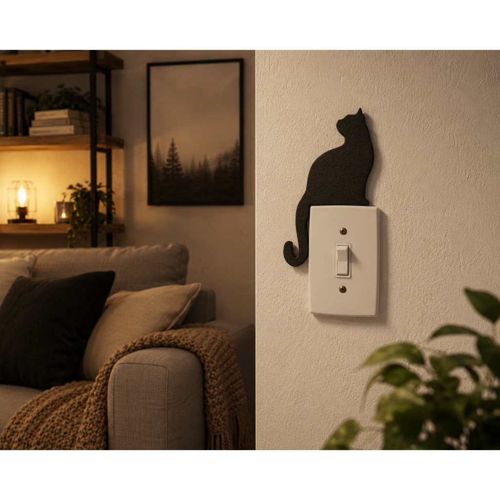 Decoração Gato Sentado para Parede, Interruptor e Tomada de Luz | Com Fita Dupla Face