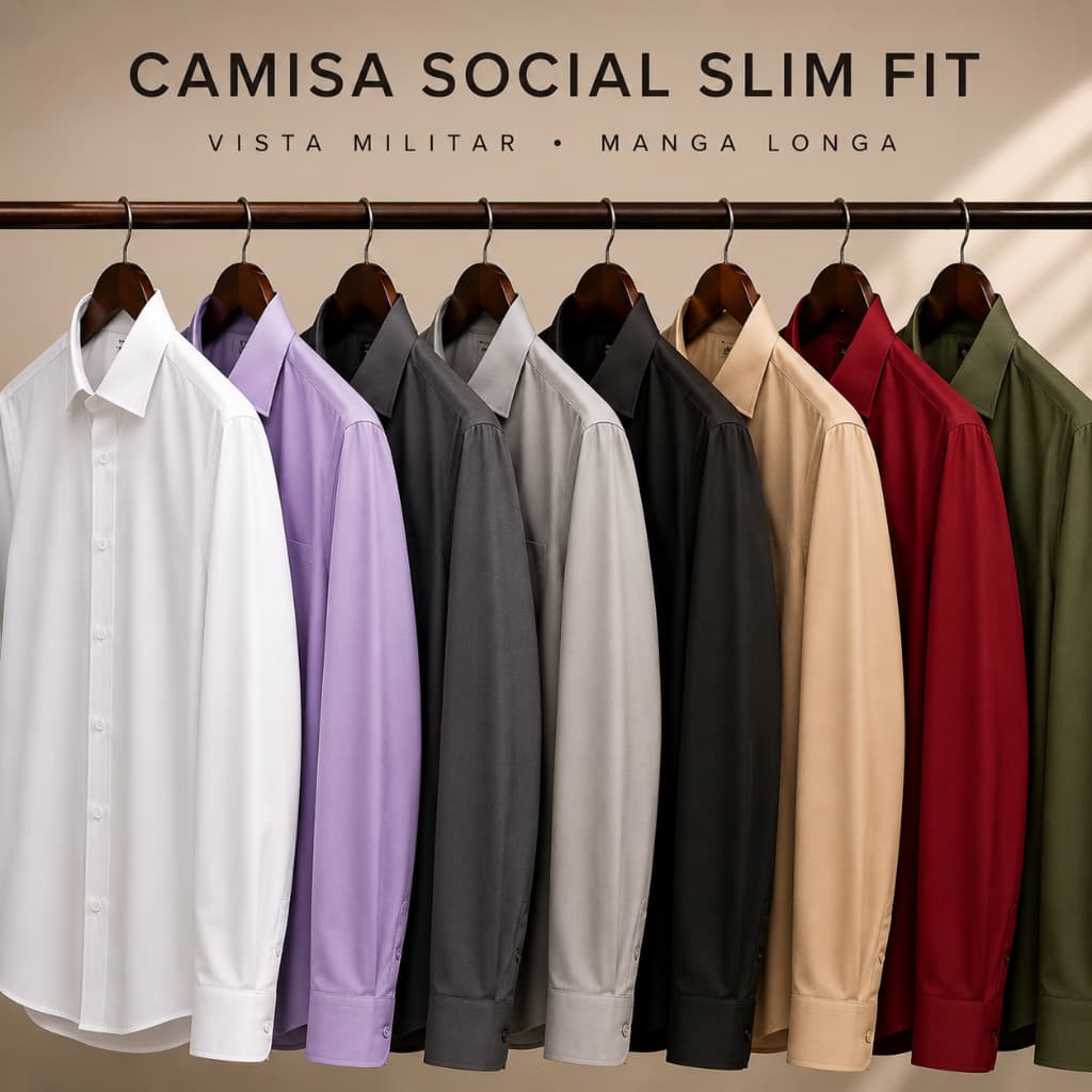 Camisa Social Masculina Slim Fit Vista Militar Manga Longa Não Amassa