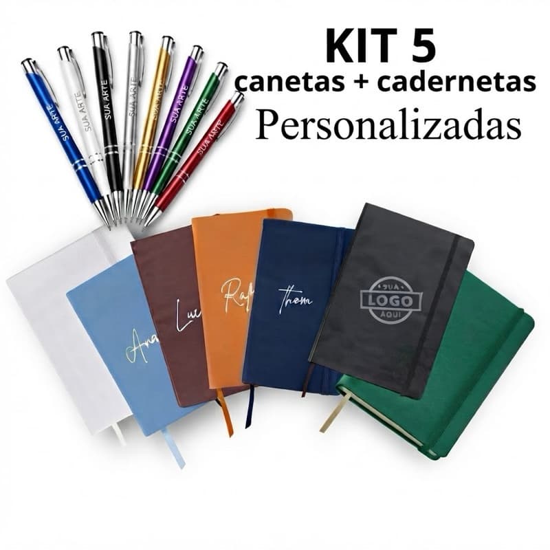 KIT 5 CANETAS + 5 CADERNETAS PERSONALIZADAS