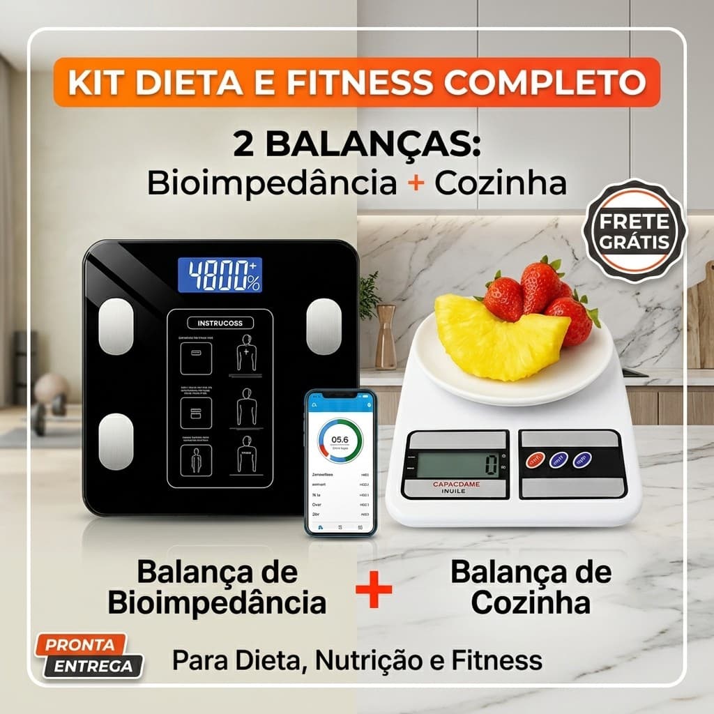 Kit 2 Balanças Digital Cozinha e Bioimpedância Para Nutrição Fitness e Dieta com APP Inteligente
