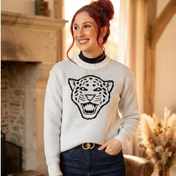 Blusa Feminina de Tricot Inverno Suéter Inverno de Lã Presente Blusão Básica Frio Onça Tigre Quentinha Mãe Namorada
