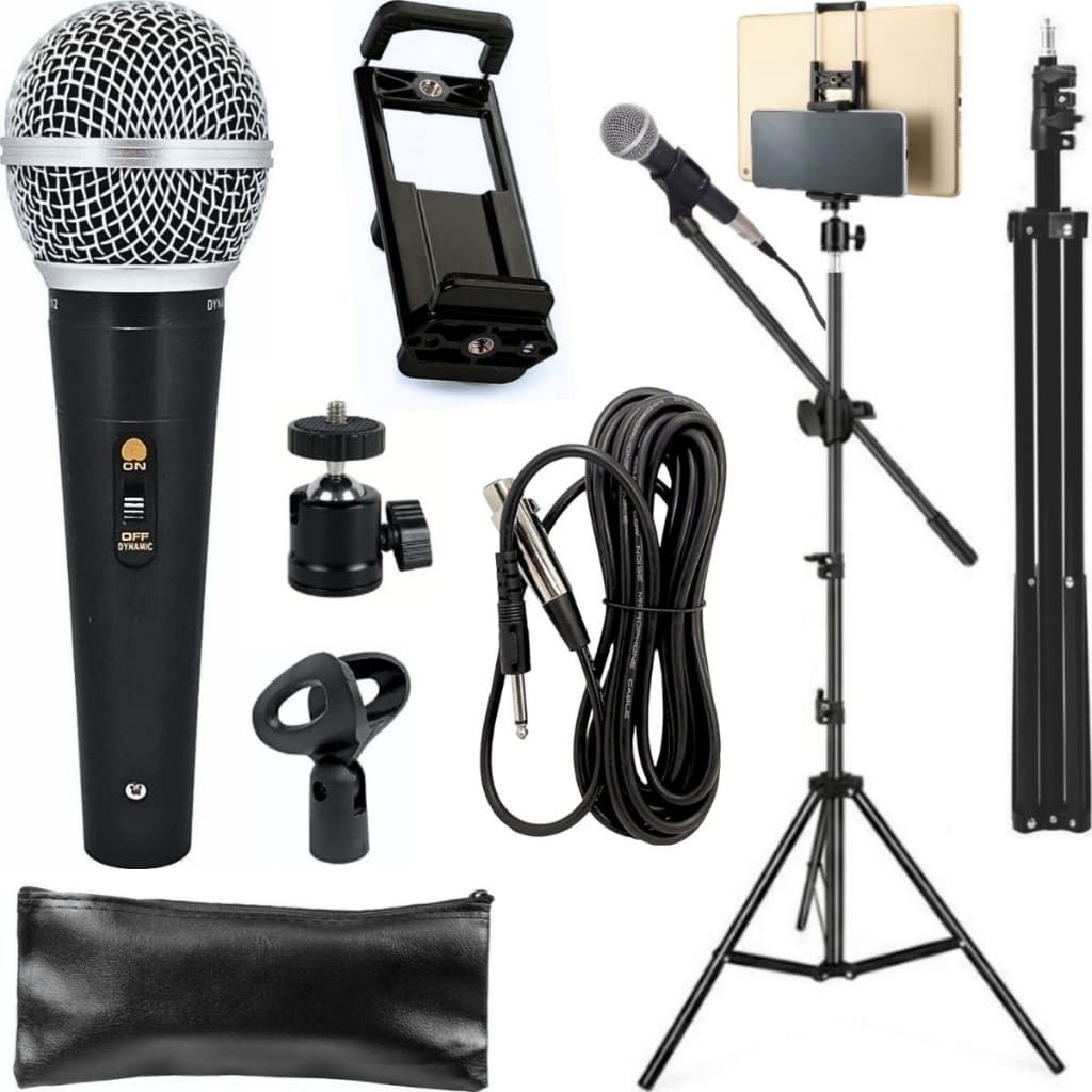 Kit Microfone Dinâmico Profissional Cabo 5m Tripé Pedestal Braço Girafa Suporte Tablet Celular