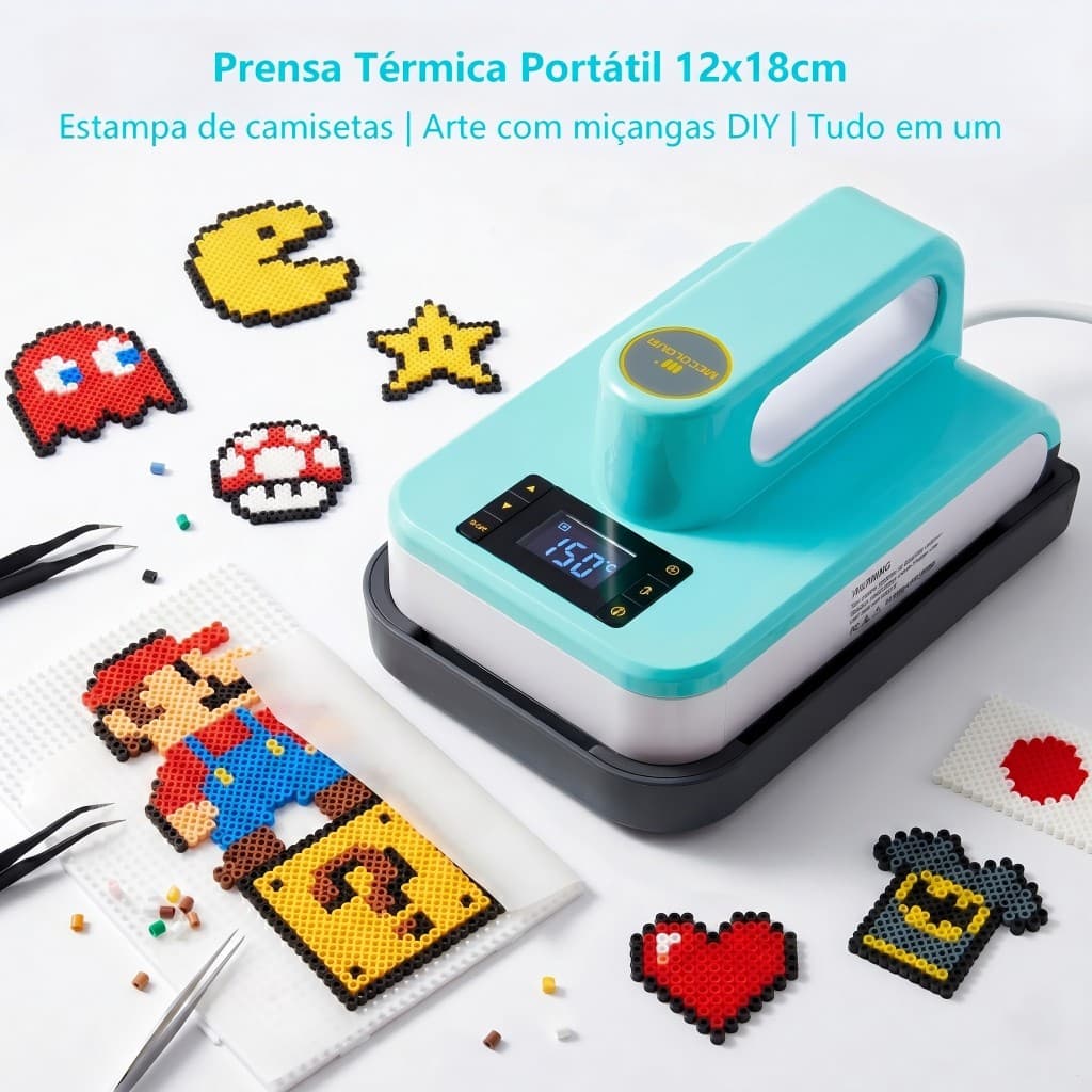 Mini Prensa Térmica Portátil 12x18cm Mecolour para Camisetas, Strass e Trabalhos com Miçangas