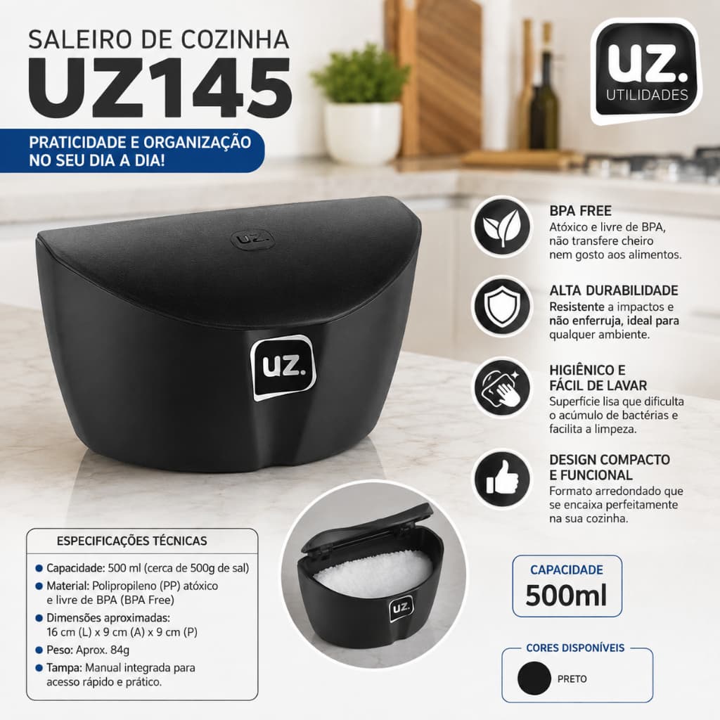 Saleiro Porta Sal Temperos Condimentos Com Tampa 500ml Organização Bancada Cozinha UZ145 - Preto UZ Utilidades