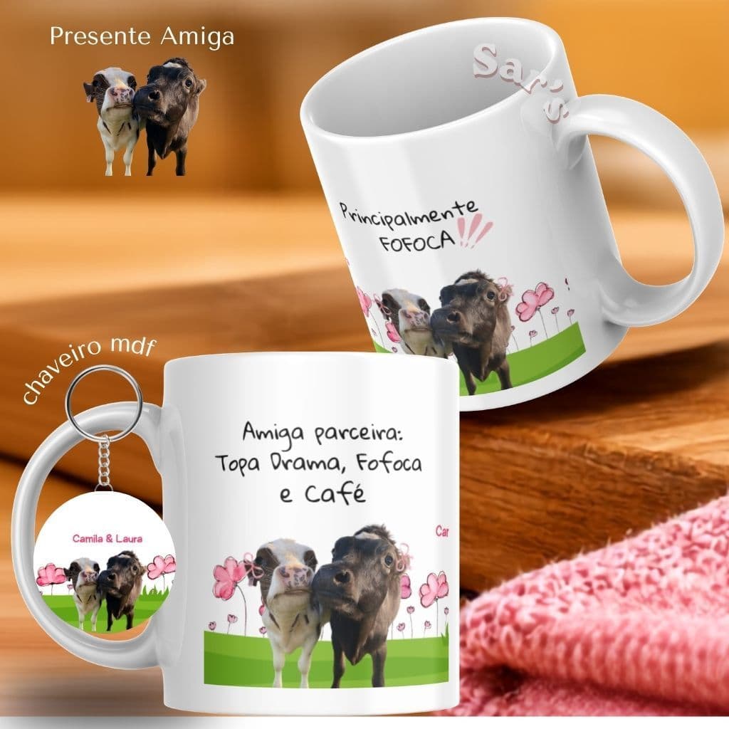 Caneca Personalizada Amiga + frase divertida fofoca e café + caixa presente+ chaveiro fio de malha