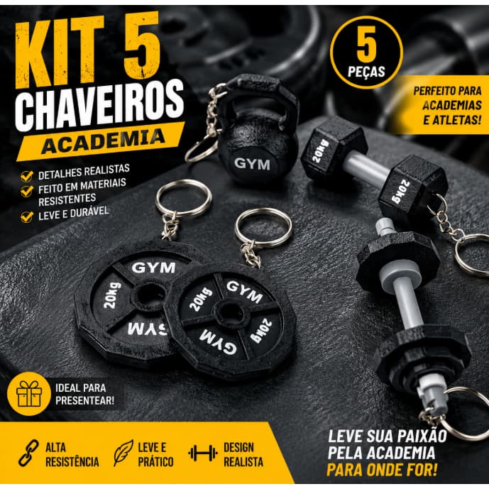 Kit 5 Chaveiros Academia Halter Anilha Kettlebell Peso Musculação Fitness Crossfit Presente para Atleta Gym Chaves Bolsa