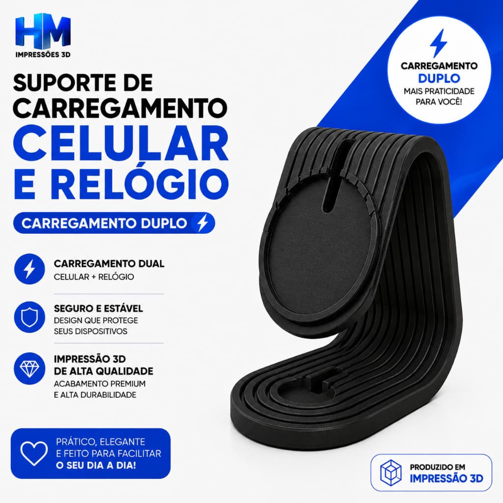 Suporte Carregador por Indução iPhone Apple Watch 2 em 1 Base Carregamento MagSafe Organizador de Mesa Impressão 3D