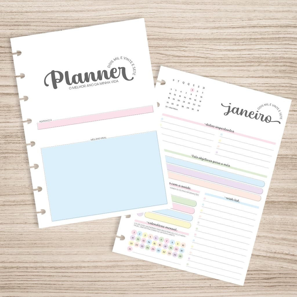 Refil Planner 2027 para Caderno de disco inteligente (Colegial - 9 furos)