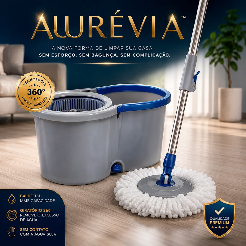 Mop Giratório 360° Aurévia com Balde 13L – Esfregão com Centrífuga, Microfibra e Cabo Ajustável para Limpeza da Casa