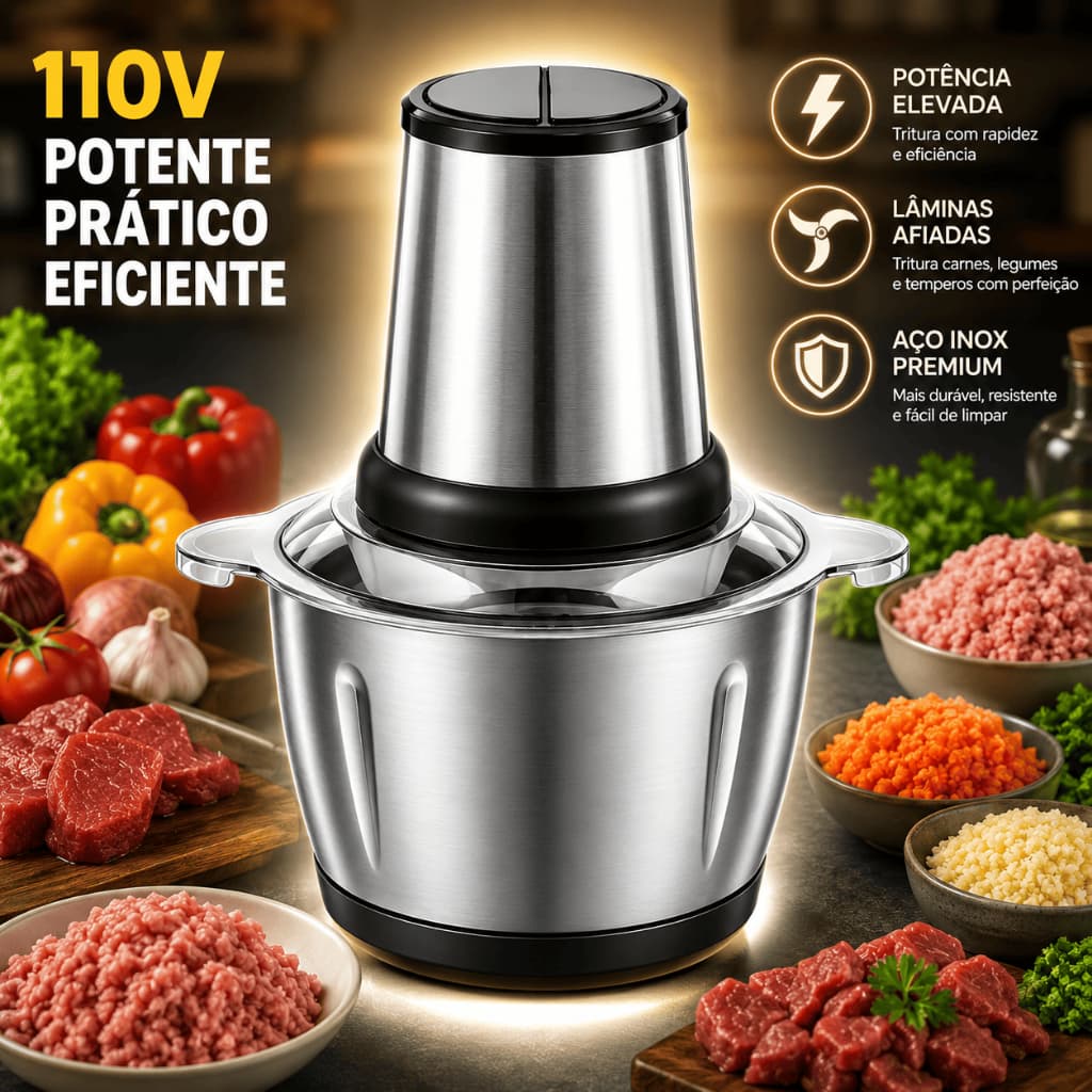 Moedor Elétrico 2L Inox 110V Triturador de Carne Legumes e Temperos Multifuncional