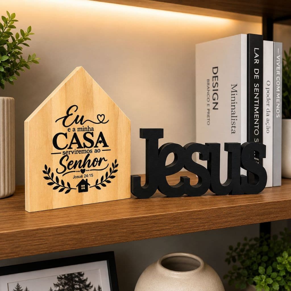 Kit Cristão Letreiro Jesus + Placa em Madeira - Decoração Cristã - Escolha sua Frase