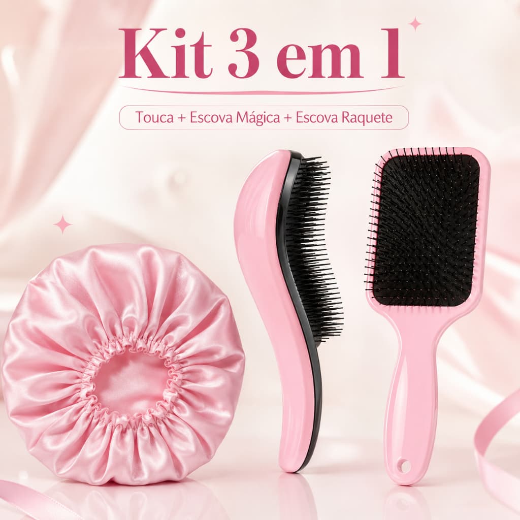 Kit 3 em 1 Escova Desembaraçadora Raquete + Escova Mágica + Touca de Cetim Anti Frizz
