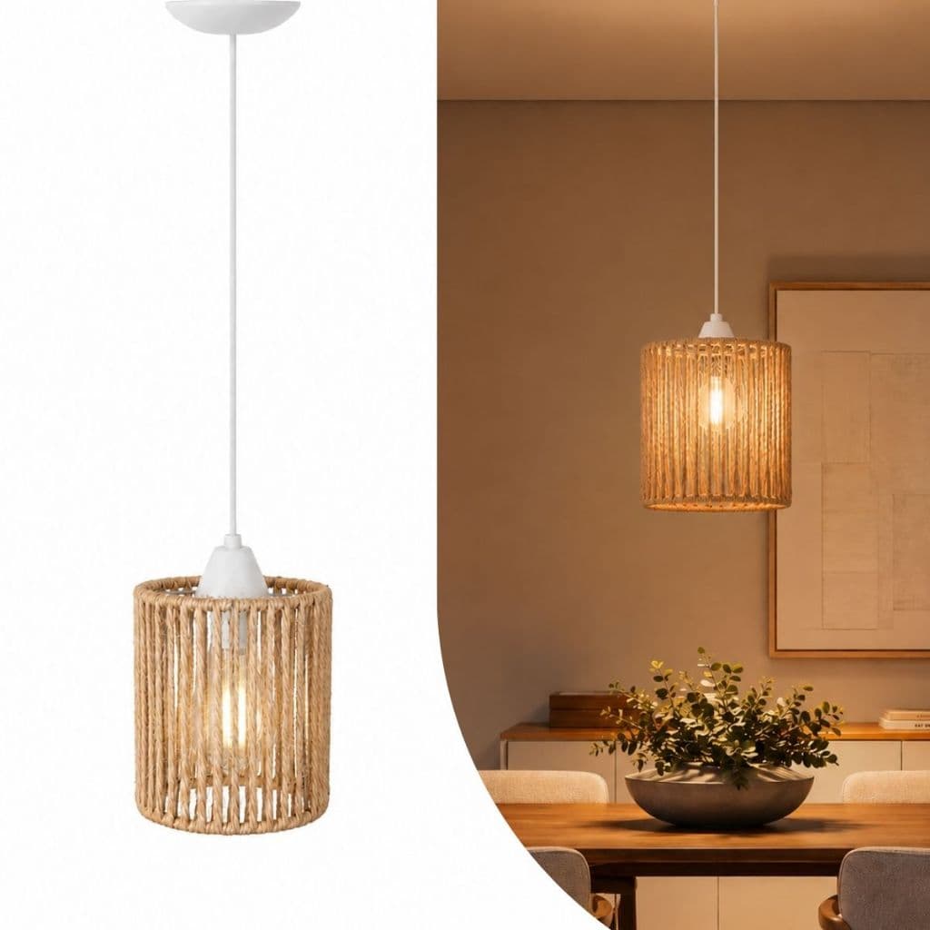 Luminária Pendente Sisal Palha Natural Decorativa Lâmpada Lustre Rústico Corda Luz Sala Mesa Gourmet
