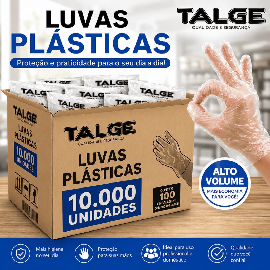 Caixa Luva Plástica Descartável Talge Com 10000 unidades Higiene Culinária e Limpeza Transparente Sem Pó