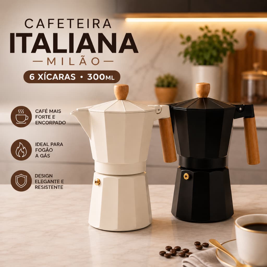 Cafeteira Italiana Moka 6 Xícaras 300ml Alumínio Café Expresso para Fogão a Gás Milão