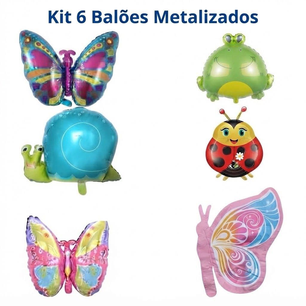 Kit 6 Balões Metalizados Jardim Encantado Borboleta, Sapo, Joaninha e Mais!