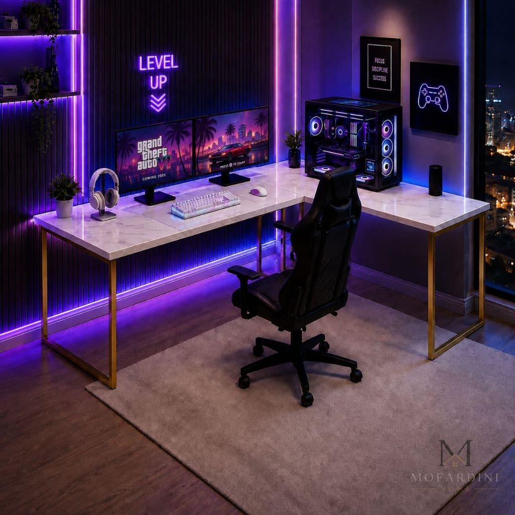 Mesa Gamer Industrial de Canto Em L Escrivaninha Ferro E Madeira 120CM Escritorio - Pes Dourado - OFERTA RELÃMPAGO