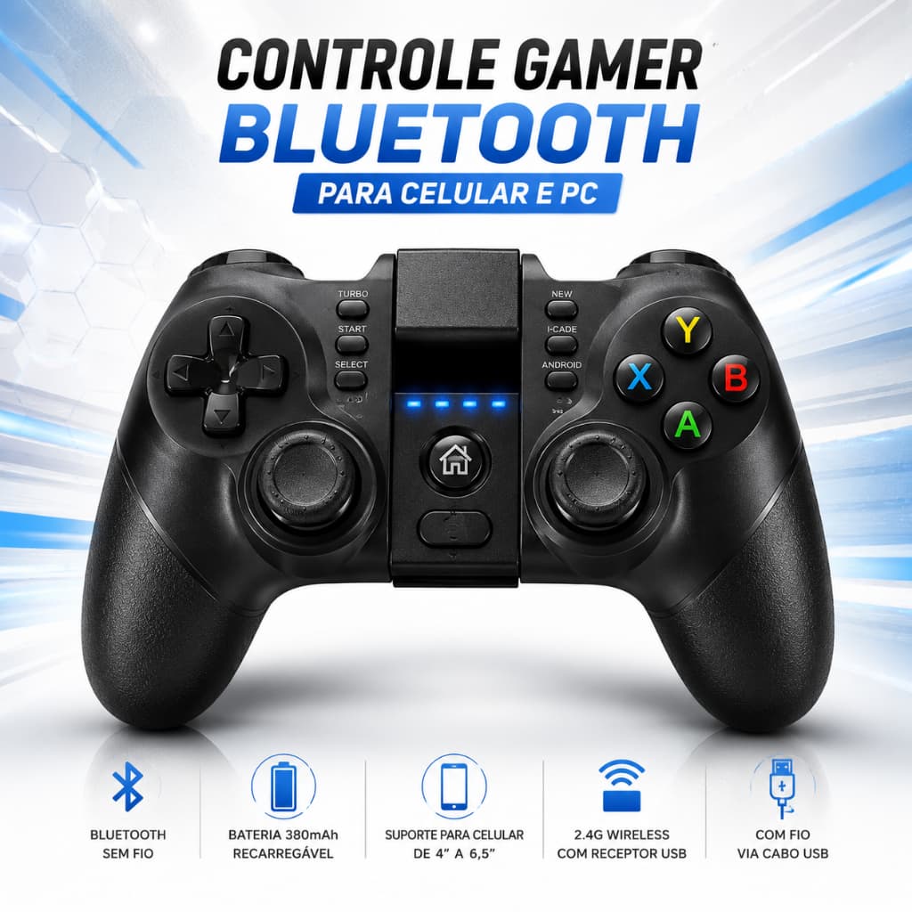 Joystick Sem Fio para Android PC PS3 Controle Gamer Bluetooth 2.4G com Suporte Celular - ZUNISHOP