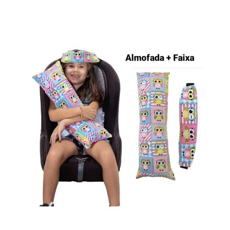 Almofada Protetor Cinto Segurança para Carro Viagem Infantil + Faixa Apoio  De Cabeça Bebê Conforto Cadeirinha Carro L