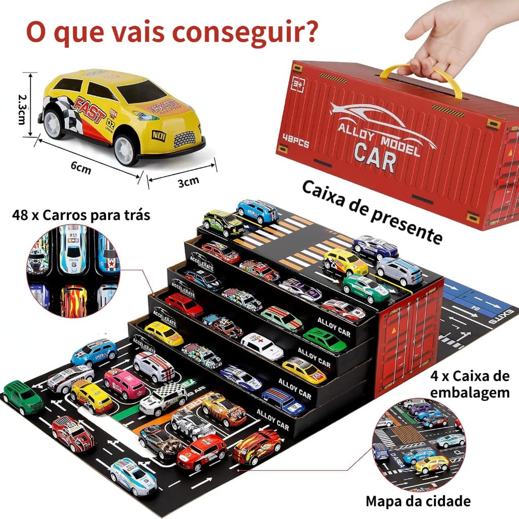 Kit 48 Carrinhos com Fricção + Caixa Container  Vira Pista Pista Informativa Brinquedo Menino Carros