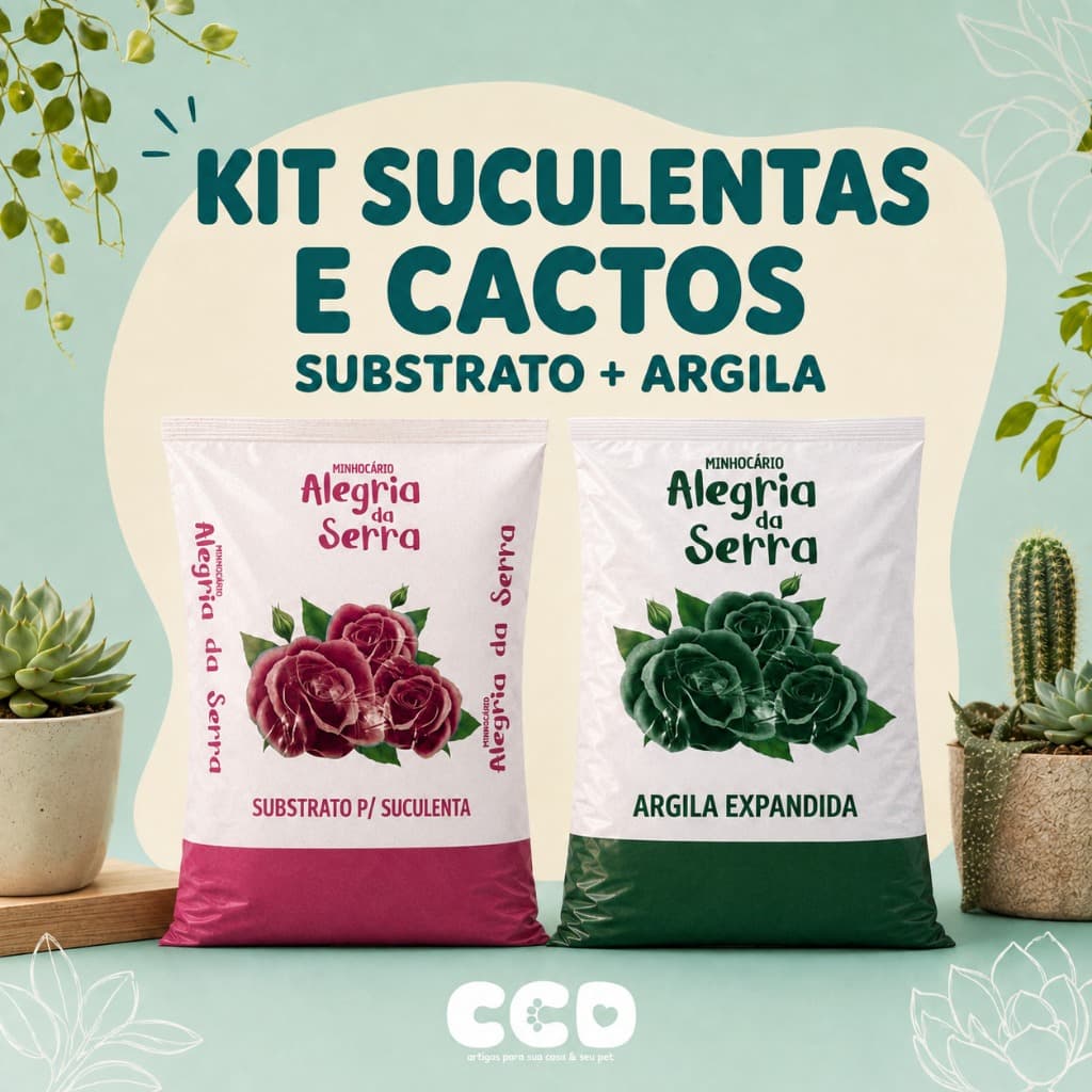 Kit Suculentas e Cactos com Substrato Orgânico e Argila Expandida 2L ou 5L para Plantio