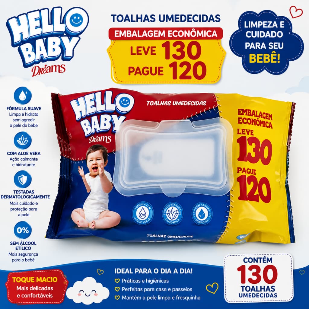 Lenço Umedecido Hello Baby Dreams – 130 Unidades (Limpeza e Hidratação)