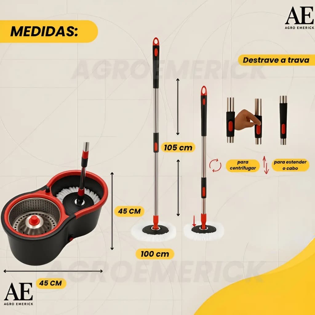 Mop Giratório Preto Cesto Em Inox Cabo De 140cm 13 Litros