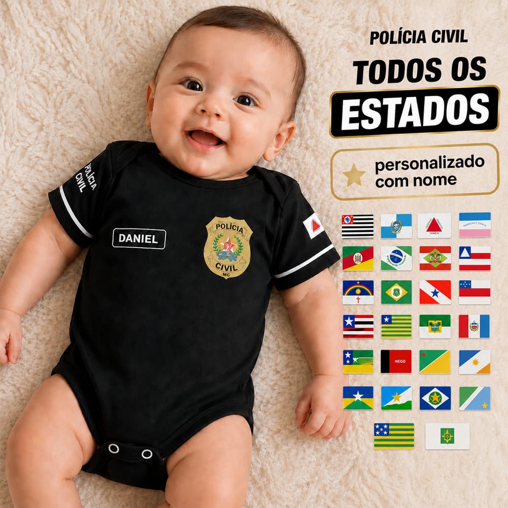 Body Bebê Polícia Civil Personalizado com Nome Todos os Estados Profissão Policial