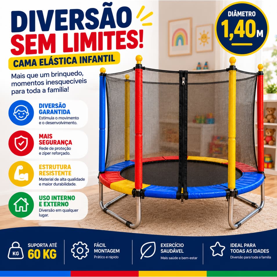 Cama Elástica Infantil 1,40m Pula Pula Colorida Com Rede de Proteção Brinquedo para Crianças