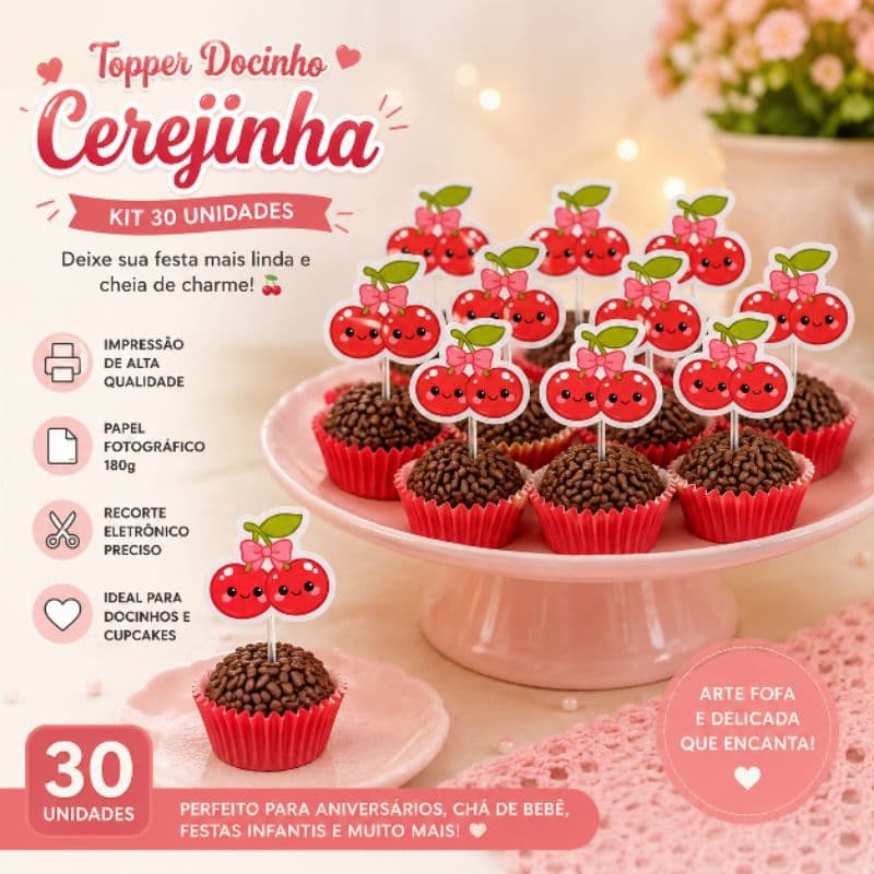 Topper Docinho Cerejinha Kit 30 unidades | Decoração Festa Infantil Delicada |Brigadeiro Decorado|Tema Cereja