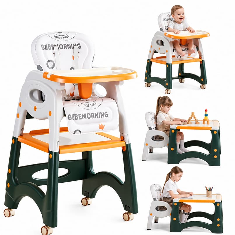 Cadeira de Alimentação Bebê 6 em 1 Laranja Conversível em Mesa e Cadeira Carrinho com Rodinhas 360° Silenciosas Removíve