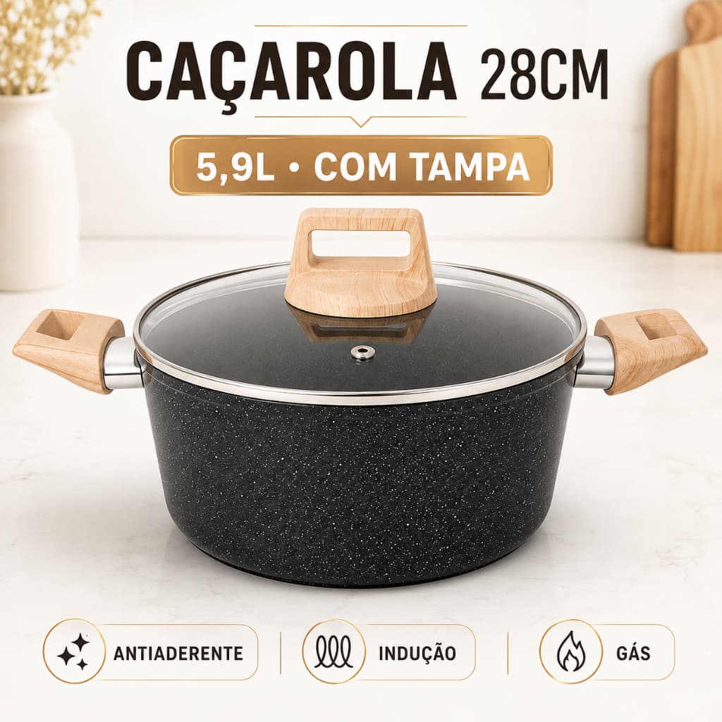 Panela Caçarola Antiaderente 28cm 5,9L com Tampa de Vidro Revestimento Cerâmico para Indução e Gás