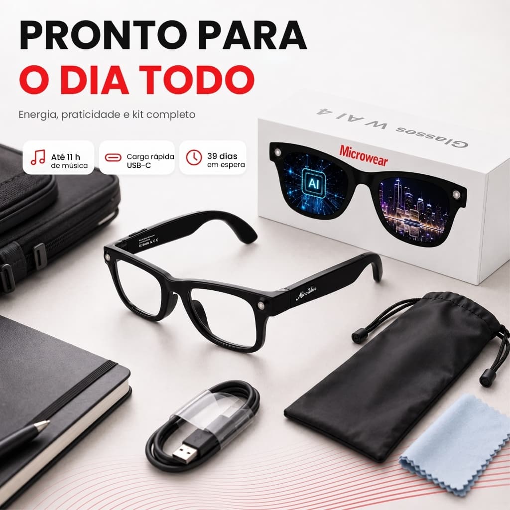 Óculos Inteligente Microwear W‑AI 4 Fone Bluetooth Áudio Chamada Mãos Livres USB‑C Bateria Longa Duração