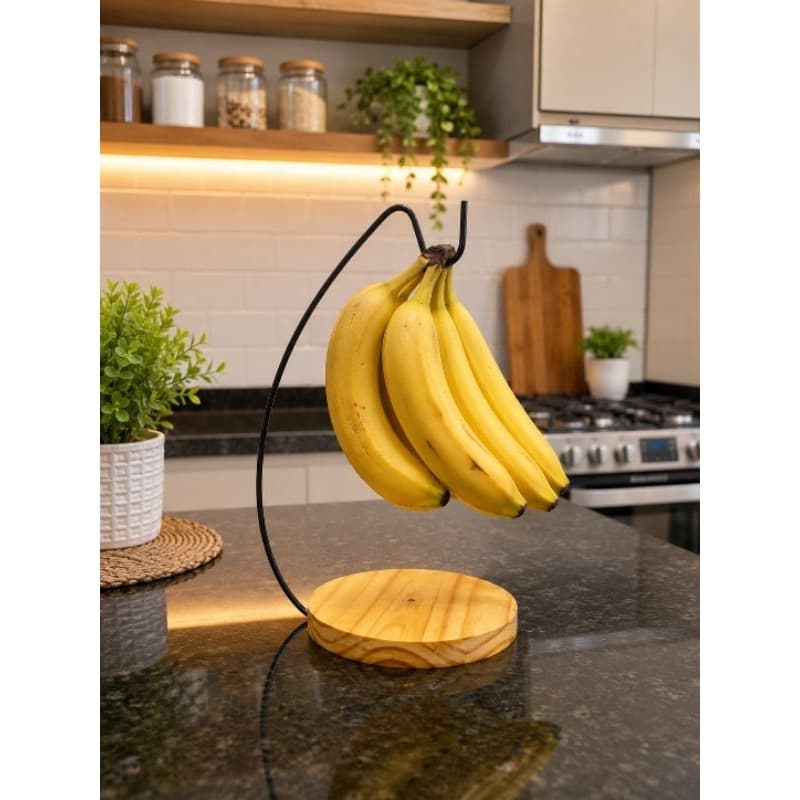 Suporte para Bananas Elegante com Base de Madeira | Pintura Eletrostática | Decoração e Organização