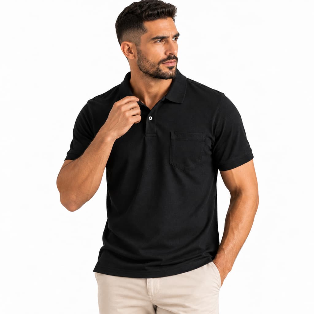 Camisa Polo Masculina Preto/Marinho/Marrom Elegante Básica com Bolso Malha Piquet Casual