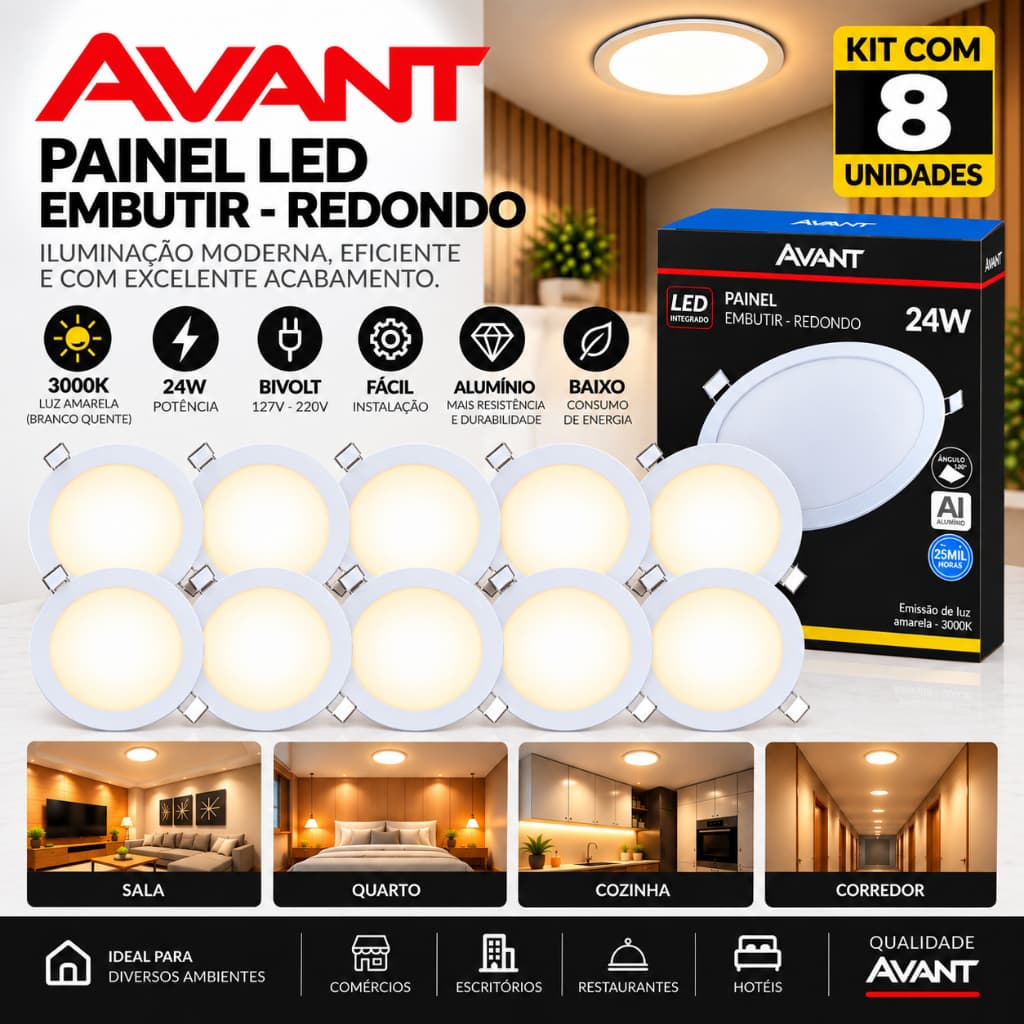 Kit 8 Painel Redondo de Embutir 24w