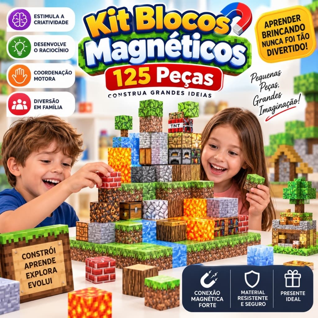 Kit Blocos Magnéticos 125 Peças Construção Educativa Criativa para Crianças Brinquedo de Montar e Aprender