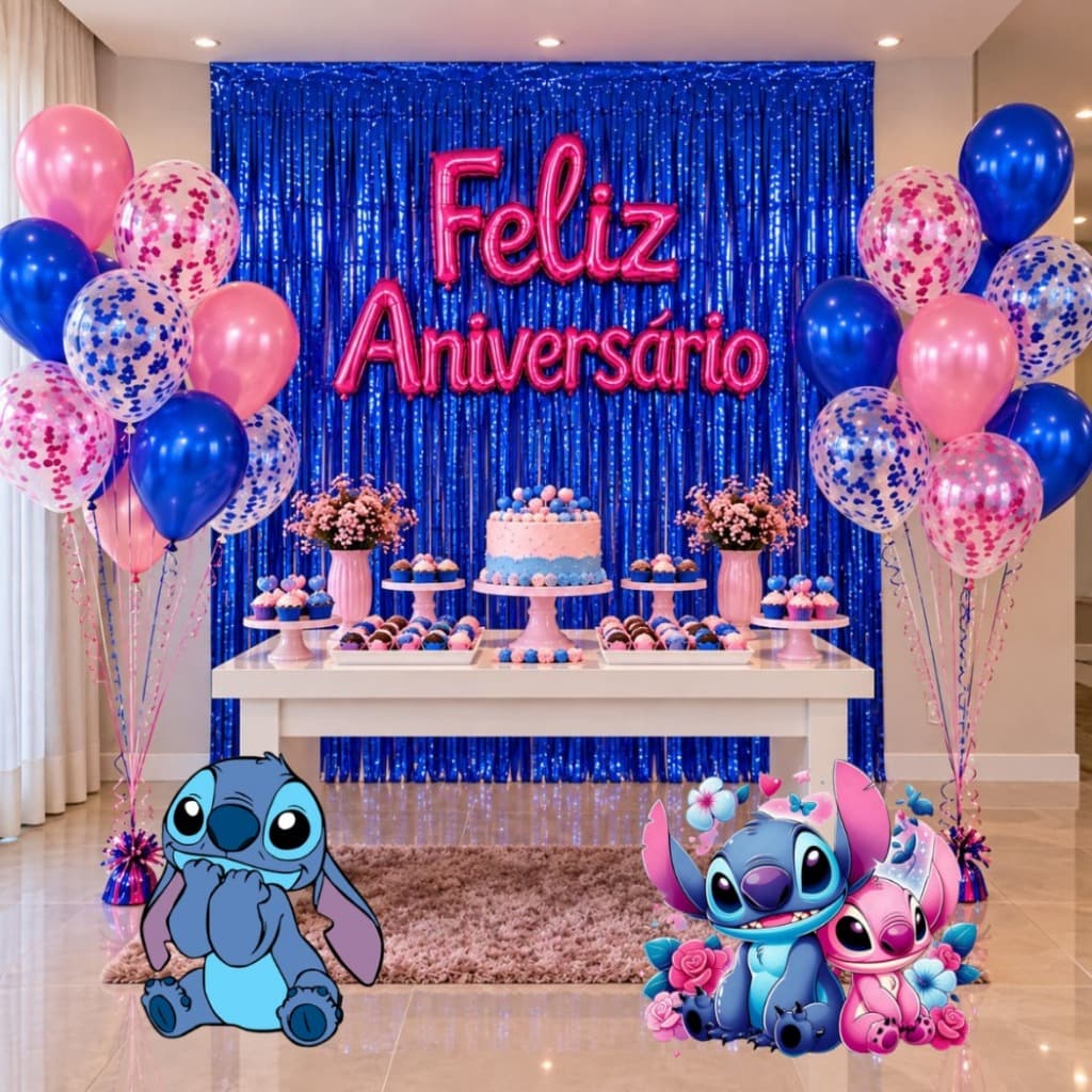 Kit Decoração Cortina Metalizada STITCH Decoração Festa Aniversário Balão Comemoração Bexiga