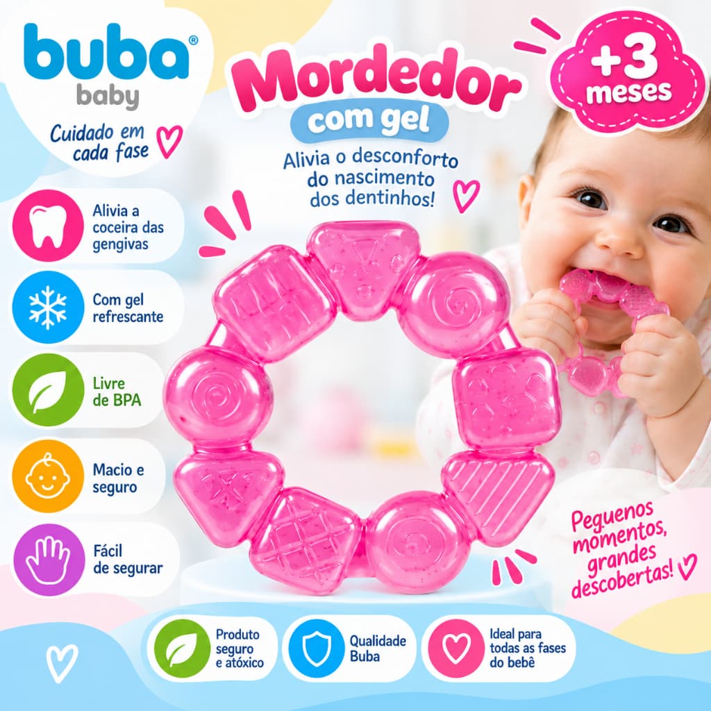 Mordedor Com Gel Buba Multiformas Rosa 3 Meses Alívio Gengiva BPA Free Macio Texturizado Infantil Menina