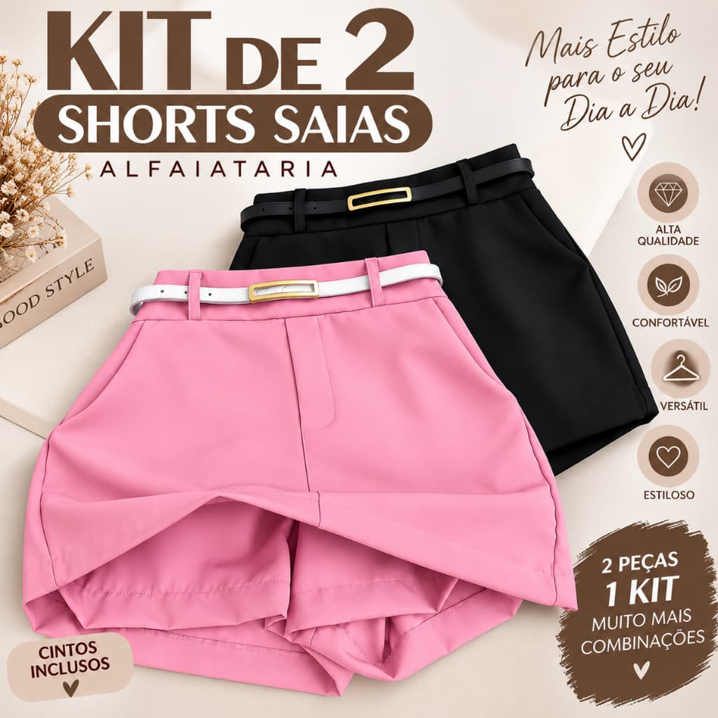 KIT 2 Short Saia Alfaiataria Feminina Com Cinto