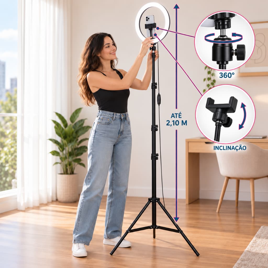 Ring Light Completo Iluminador Portátil  Tripé Com Suporte Para Celular 2.10 Metros 10" Polegadas e de  8" Polegadas