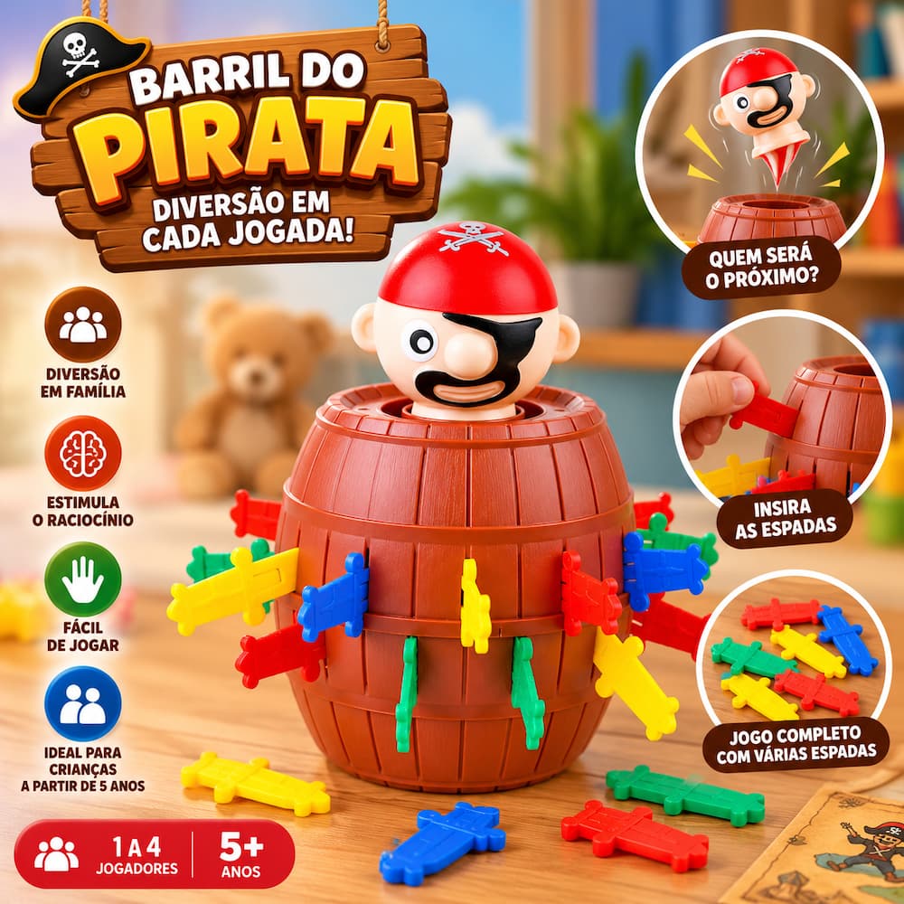 Jogo Pula Pula Pirata Infantil com Barril e 16 Espadas Diversão Familiar