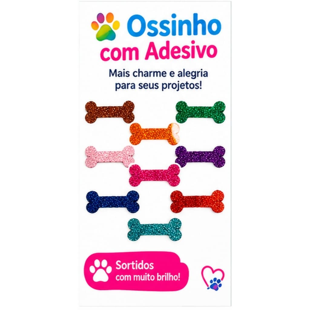 50 Apliques Decoração Adesivo Osso Ossinho no Eva com Glíter - Cores Sortidas e Adesivado