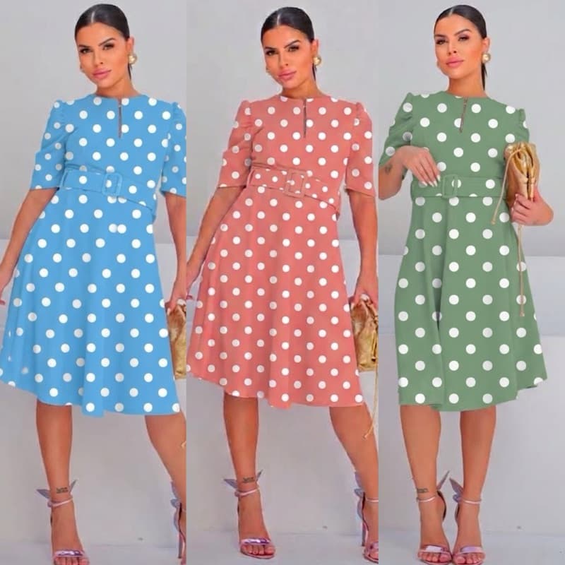 Vestido Feminino Midi  - Elegância e Conforto com Cinto Removível e Estampa Moderna bolinhas.
