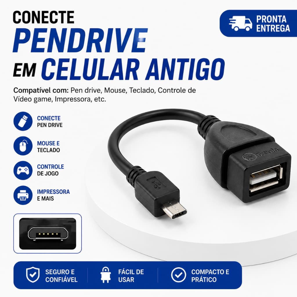 Cabo Otg Para Celular Antigo Usb V8 Micro Usb Android Motorola Samsung Conecte Dispositivos