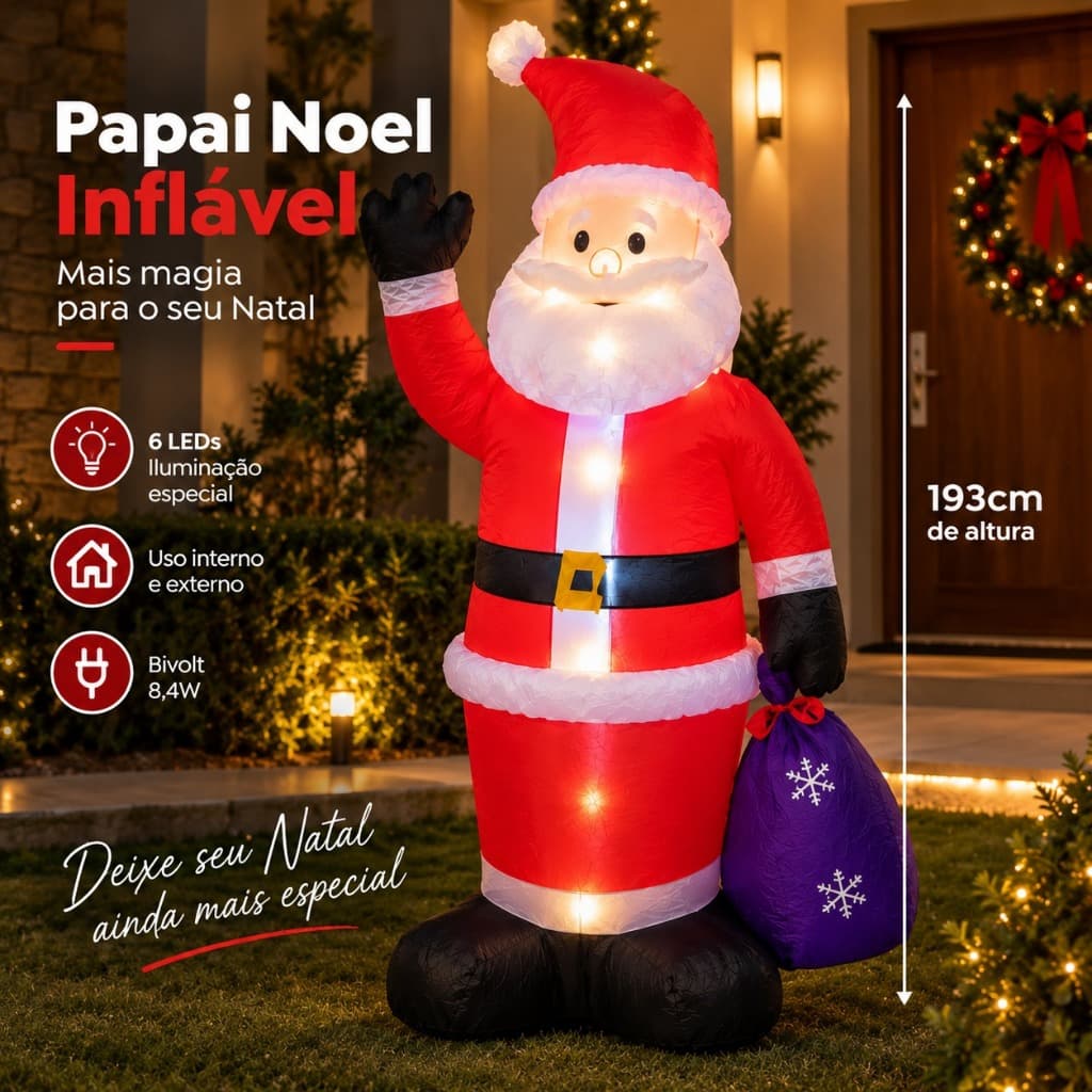 Papai Noel Inflável Natalino com 6 LEDs Vermelho Decoração de Natal