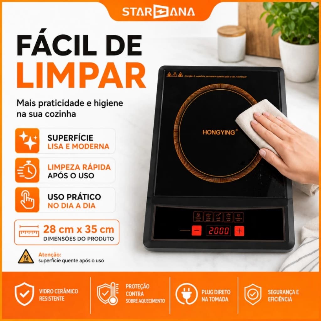 Fogão de Indução Portátil 2000W 220V com Painel Touch, Aquecimento Rápido e Design