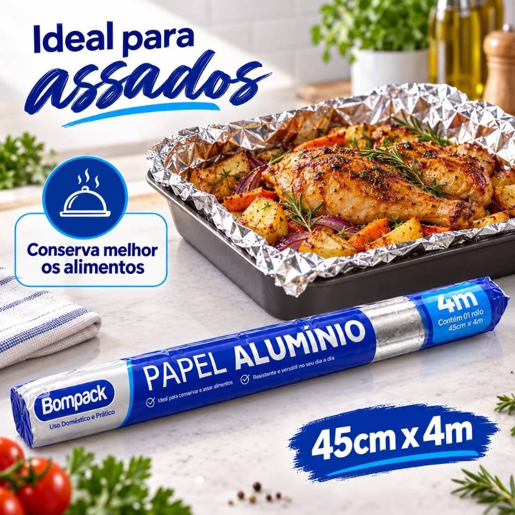 Papel Alumínio Bompack 45cm x 4m Rolo Largo para Assados Forno Churrasco Cozinha Alimentos